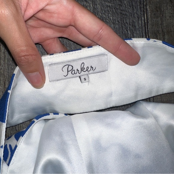 PARKER blue / white tropical print ruffled halterneck mini dress S - Picture 6 of 11